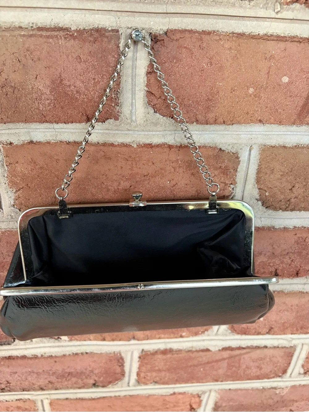 Vintage Black Patent Clutch with Silver Chain